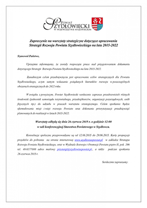 Zaproszenie na warsztaty strategiczne dotyczące opracowania Strategii Rozwoju Powiatu Szydłowieckiego na lata 2015-2022